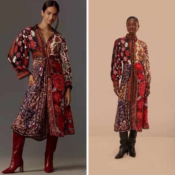 FARM Rio Dresses & Skirts - FARM Rio Miranda Long Sleeve Floral Faux Wrap Midi Dress Button Front M Chemise